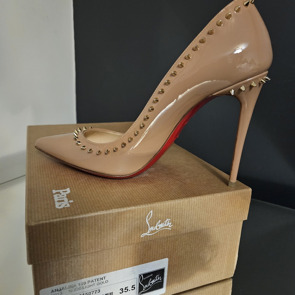 Christian Louboutin Nude Patent Heels with Gold Spikes